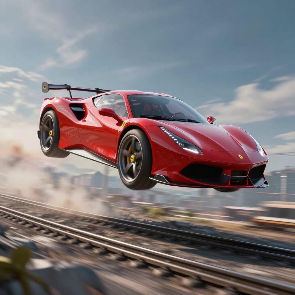 Ferrari Leaps Over Speeding Train in Futuristic Sci-Fi Scene