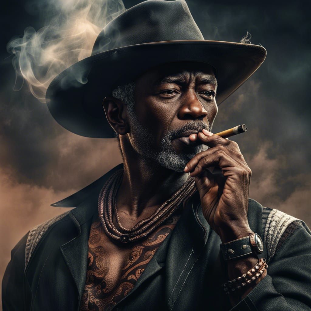 black cowboy with hat on smoking a cigar.  Head and chest vi...