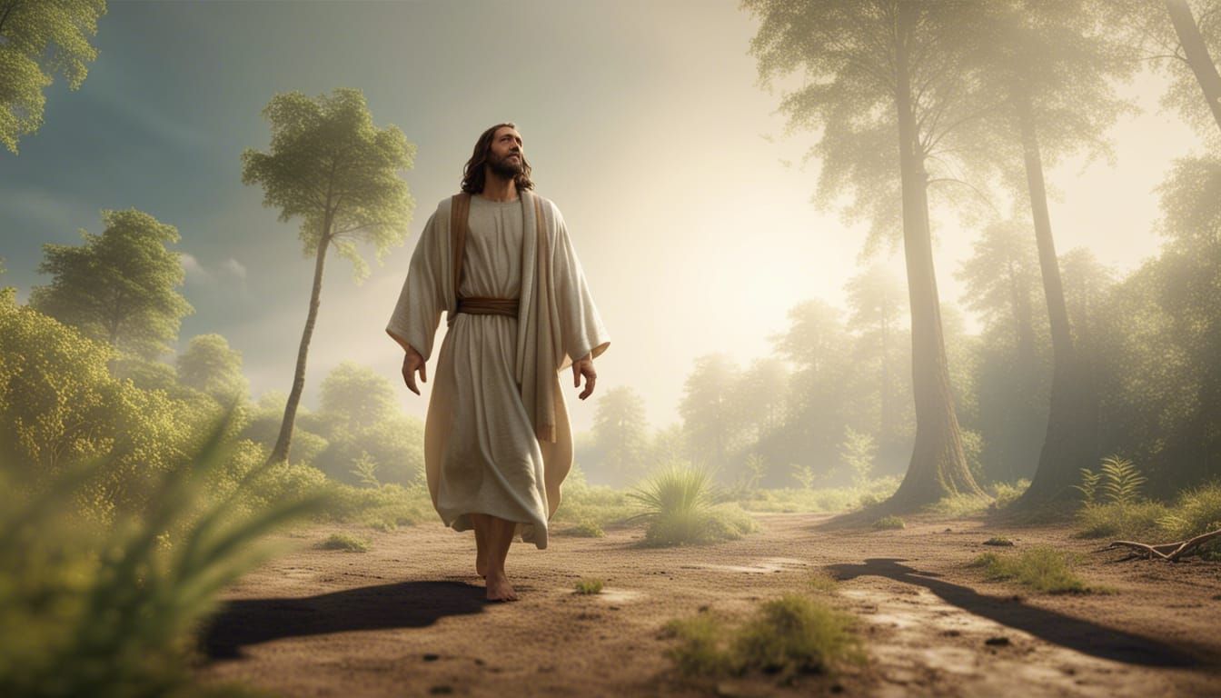 Jesus walking in the forest 8k resolution dynamic lighting h...
