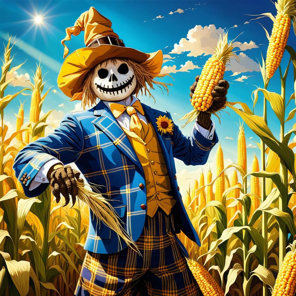 Magical Scarecrow in field of corn wearing plaid suit   by @Pea-nut