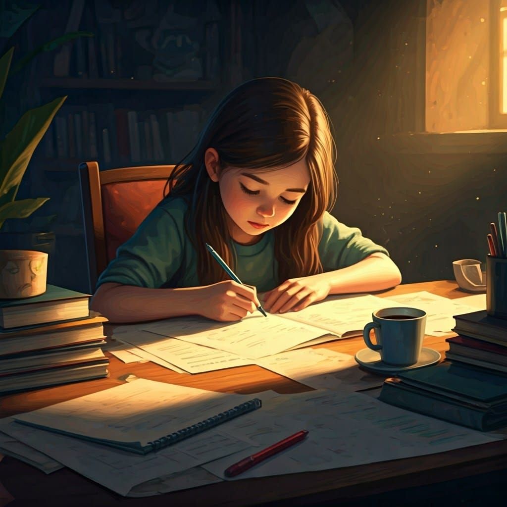 A Young Girl Focuses Intensely on Homework in a Fantastical....