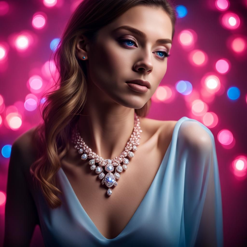 photo of hyper-realistic woman hanging a diamond necklace ar...