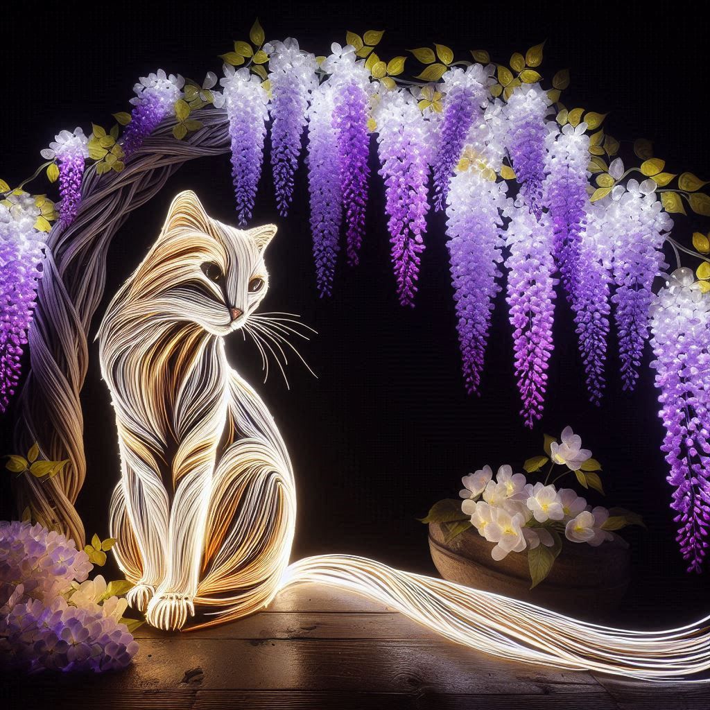 made of light. Wisteria and a cat.