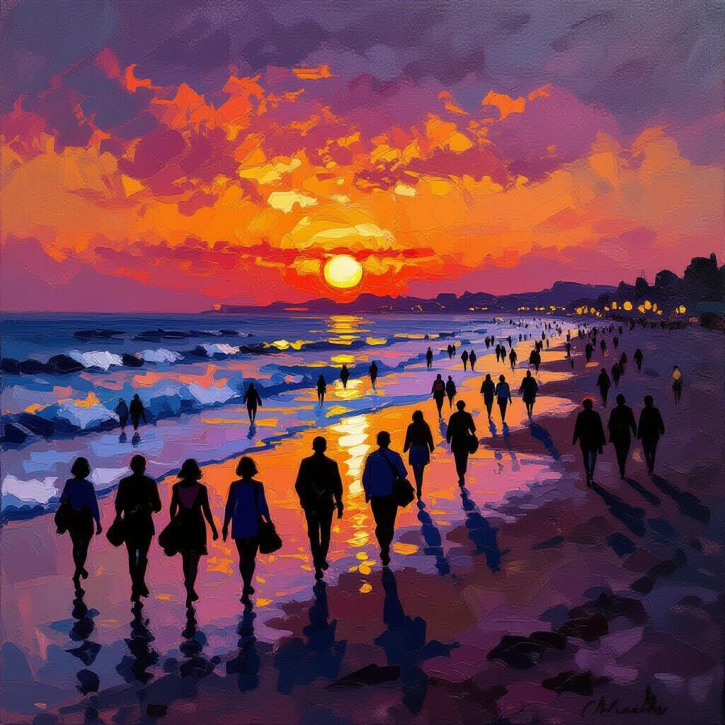 Crowded Beach at Dusk in Impressionistic Oil Style
