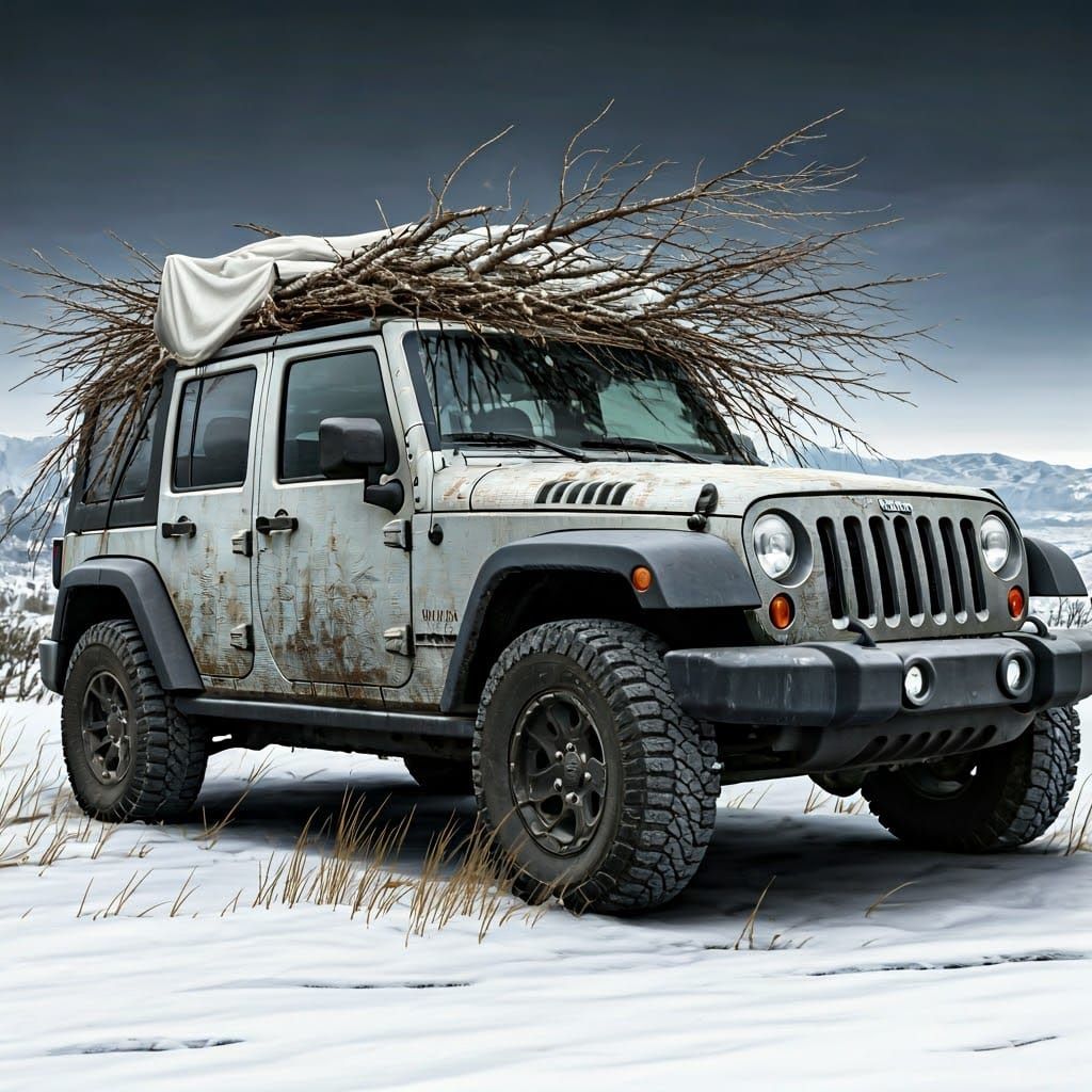 Jeep Wrangler X 2009 painted with a improvised winter camouf...
