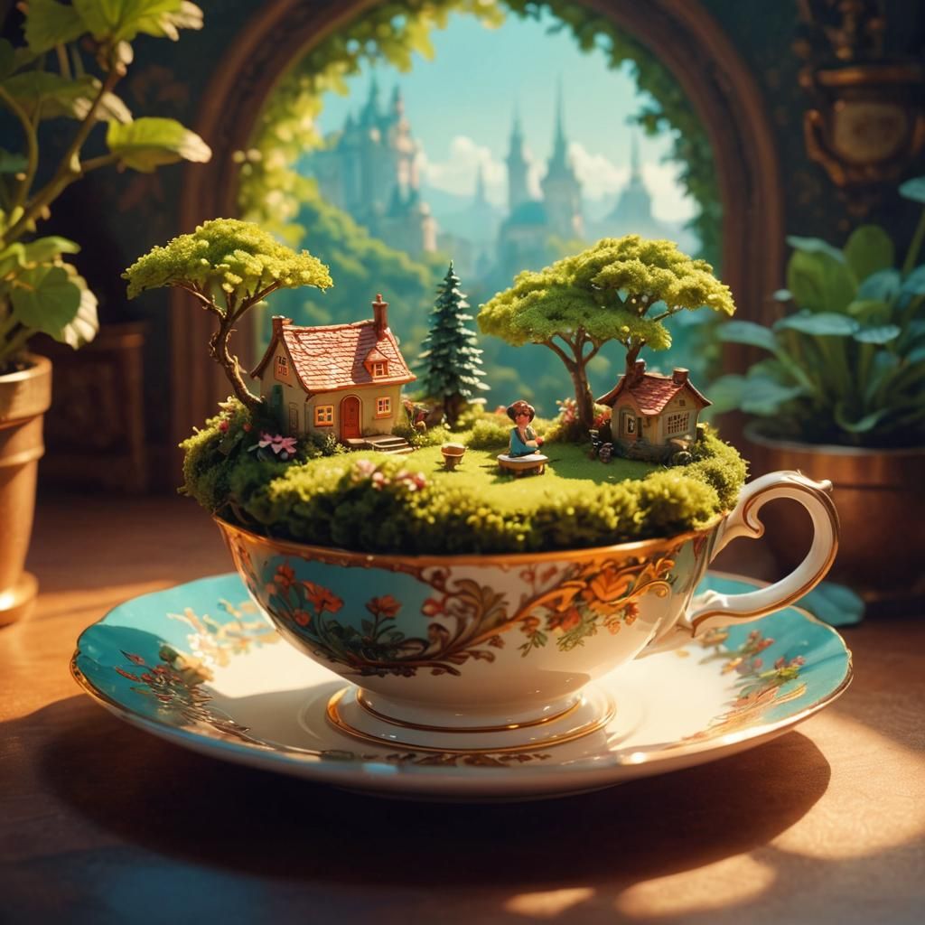 Mini Fairy Garden Teacup: Art Nouveau Digital Painting
