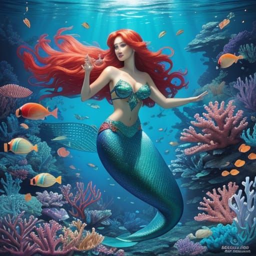 Mermaid Swimming Through Coral Reef in Lisa Frank Art Nouvea...