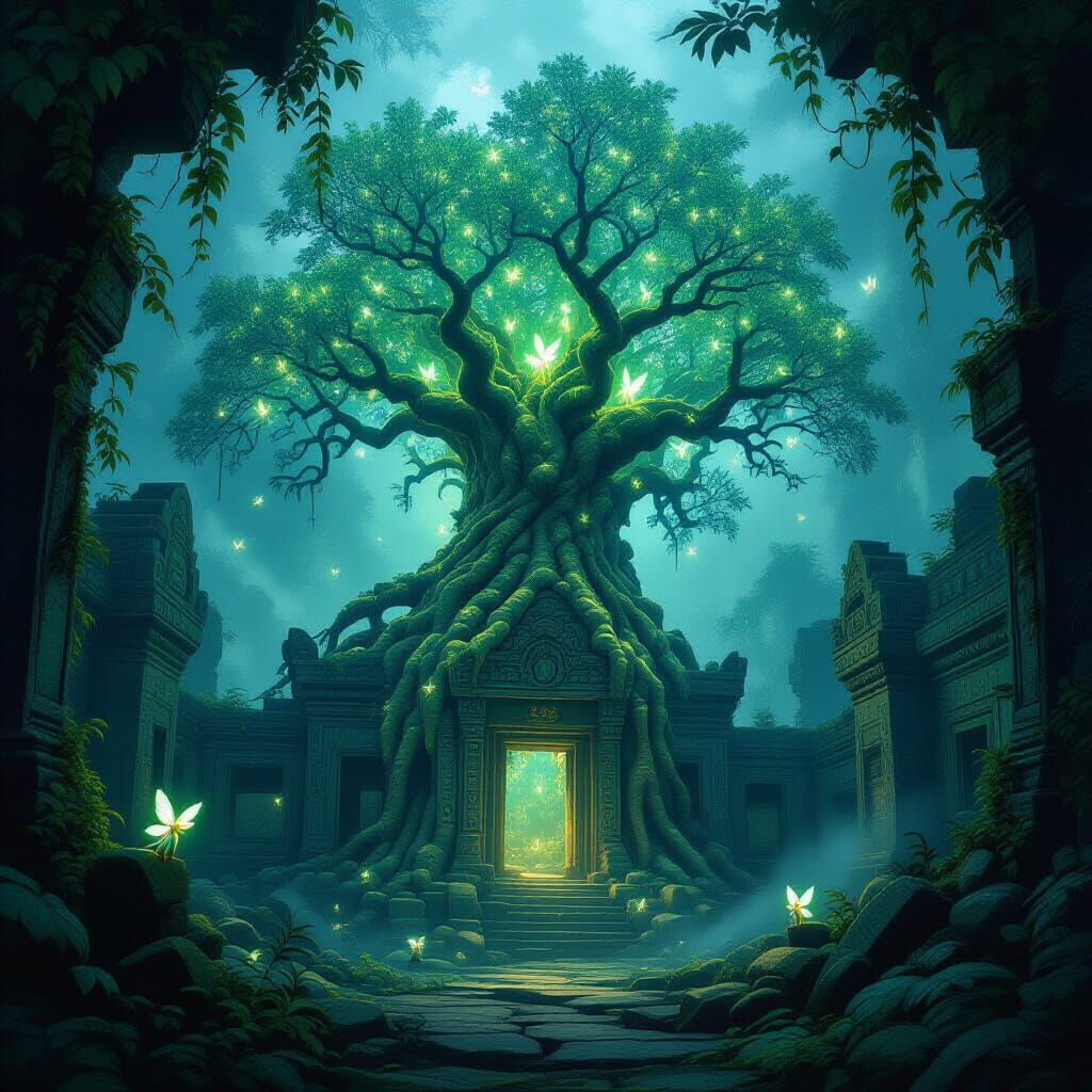 A majestic, ancient tree with bioluminescent leaves stands at the center of a forgotten, overgrown temple ruin, deep within a misty jungle. ...
