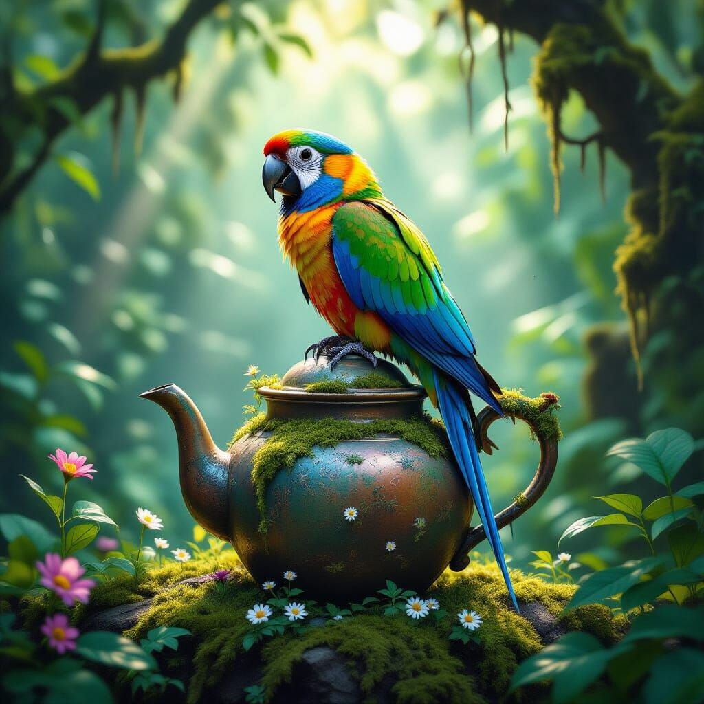 Vibrant Parrot on Teapot in Enchanted Jungle