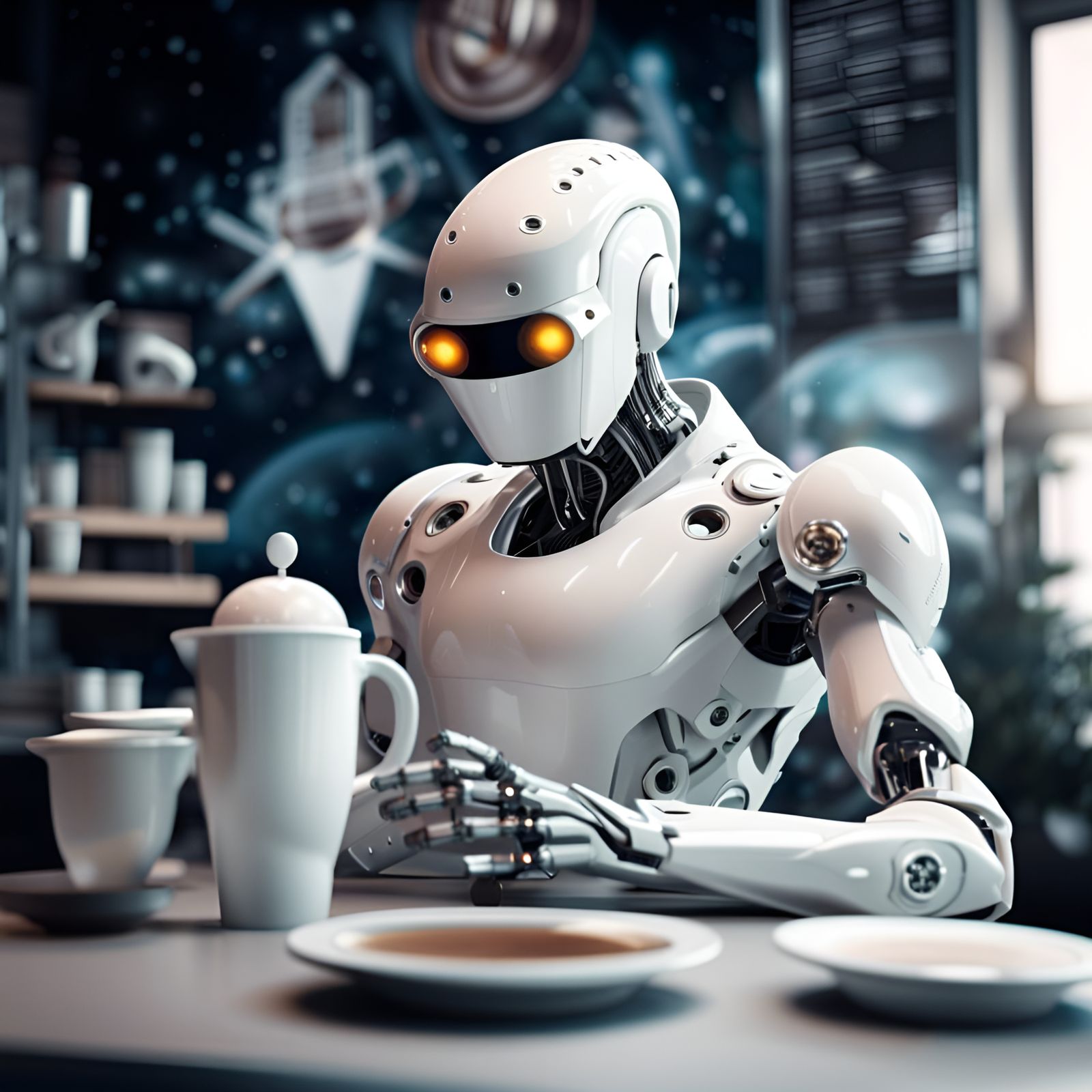 the robot in a coffee shop in space in the style of the white cyborg  by @fralac68