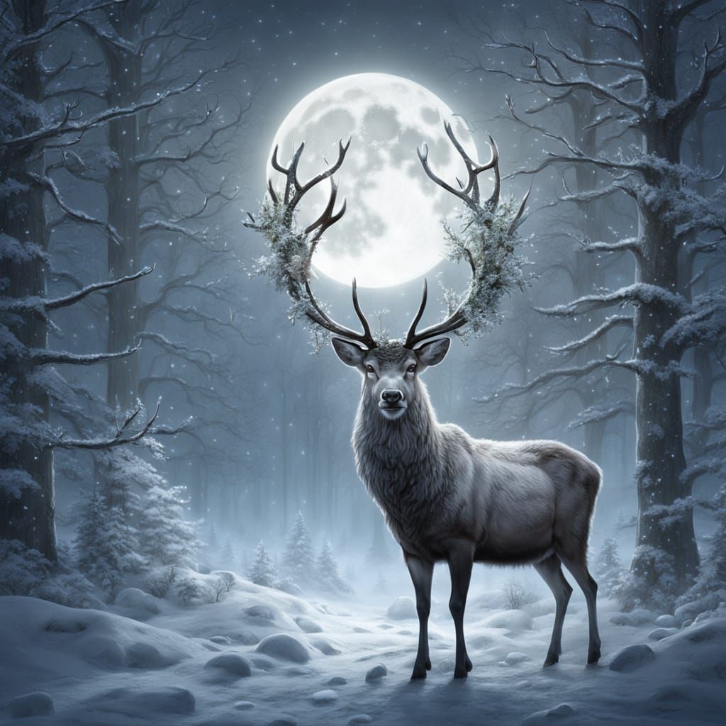A majestic reindeer standing in a silent, snow-covered forest beneath a full moon. 