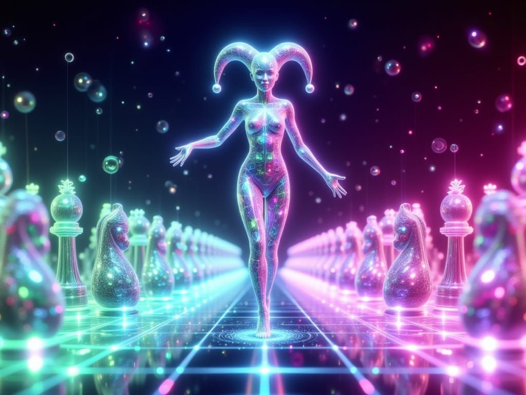 <lora:FiosZodiacSigns1:1.0> Harlequin Jester in futuristic Chess world