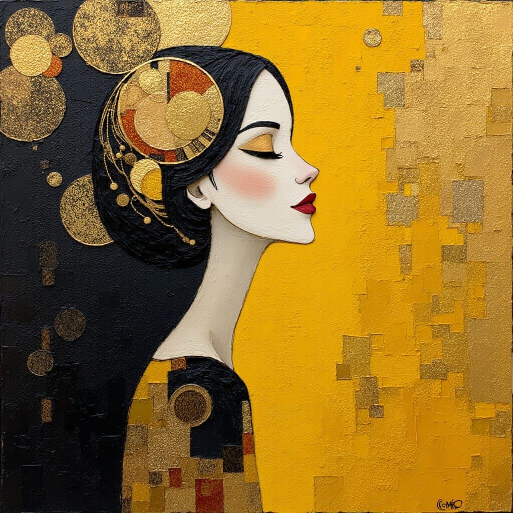 Nature goddess, yellow, gold and black hues, in Klimt style <lora:Geo Dada:1.0>