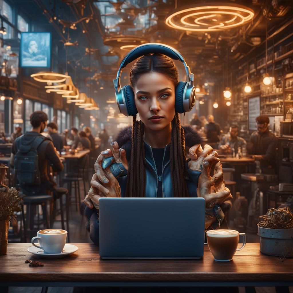 gorgeous woman cappuccino cafe laptop headphones