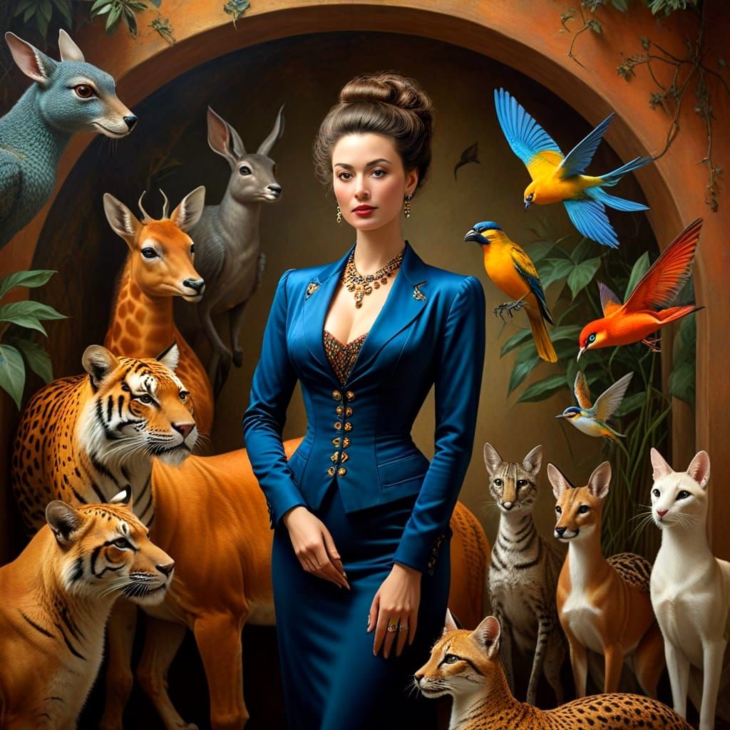 Surrealistic Lady in 1820s Attire Amid Whimsical Animals