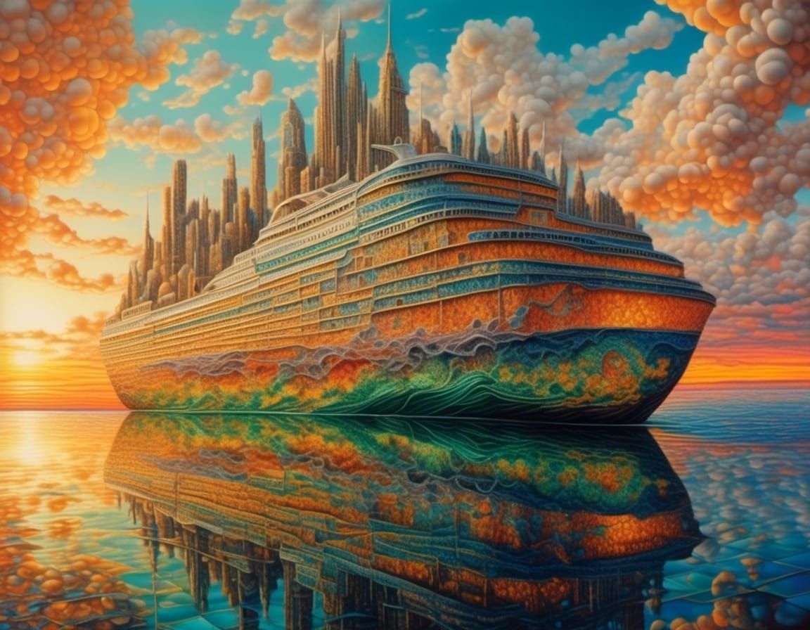 Surreal Futuristic Cityscape on a Majestic Cruise Liner at S...
