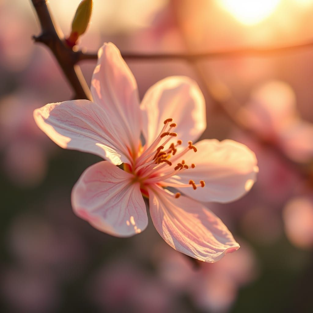 Ethereal Cherry Blossom Petal in Golden Hour Photorealism