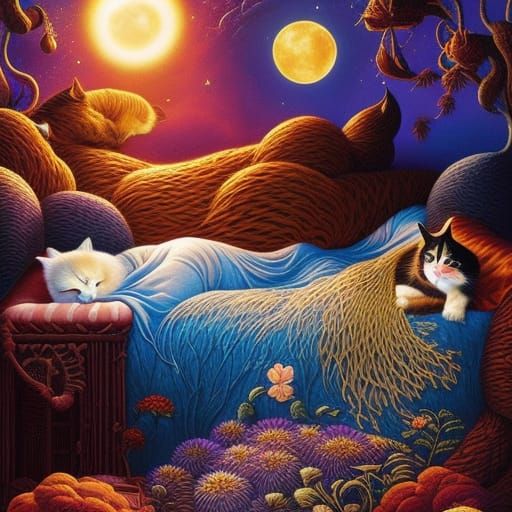 Sleeping woman with cats in Surreal artisanal bed made entir...