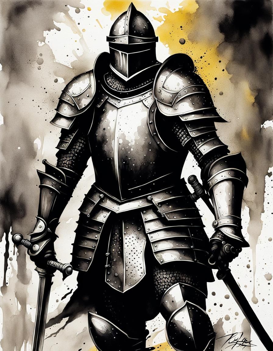 Knight in armor, ink, splash art, hyperdetailed, modern European ink ...