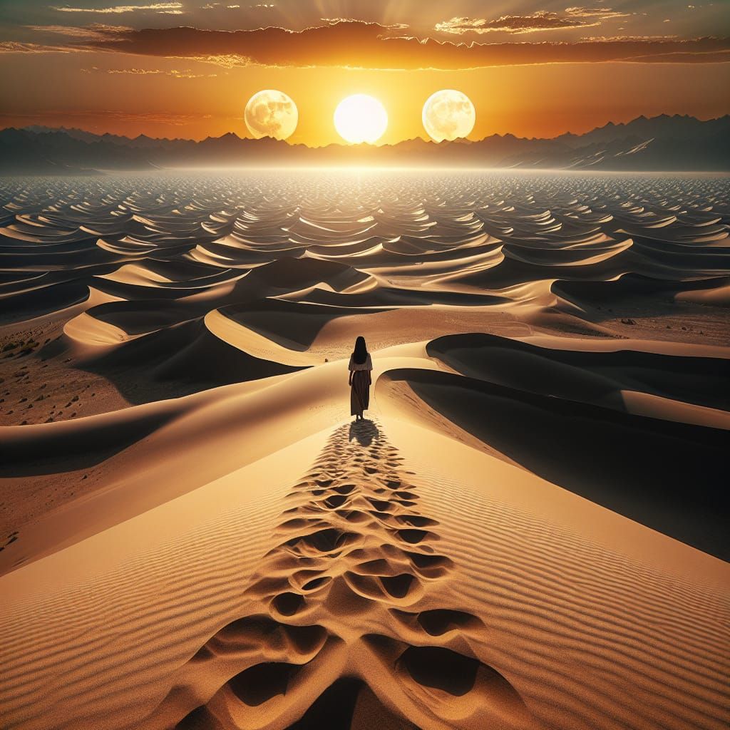 A landscape image of vast sand dunes, with footprints leadin...
