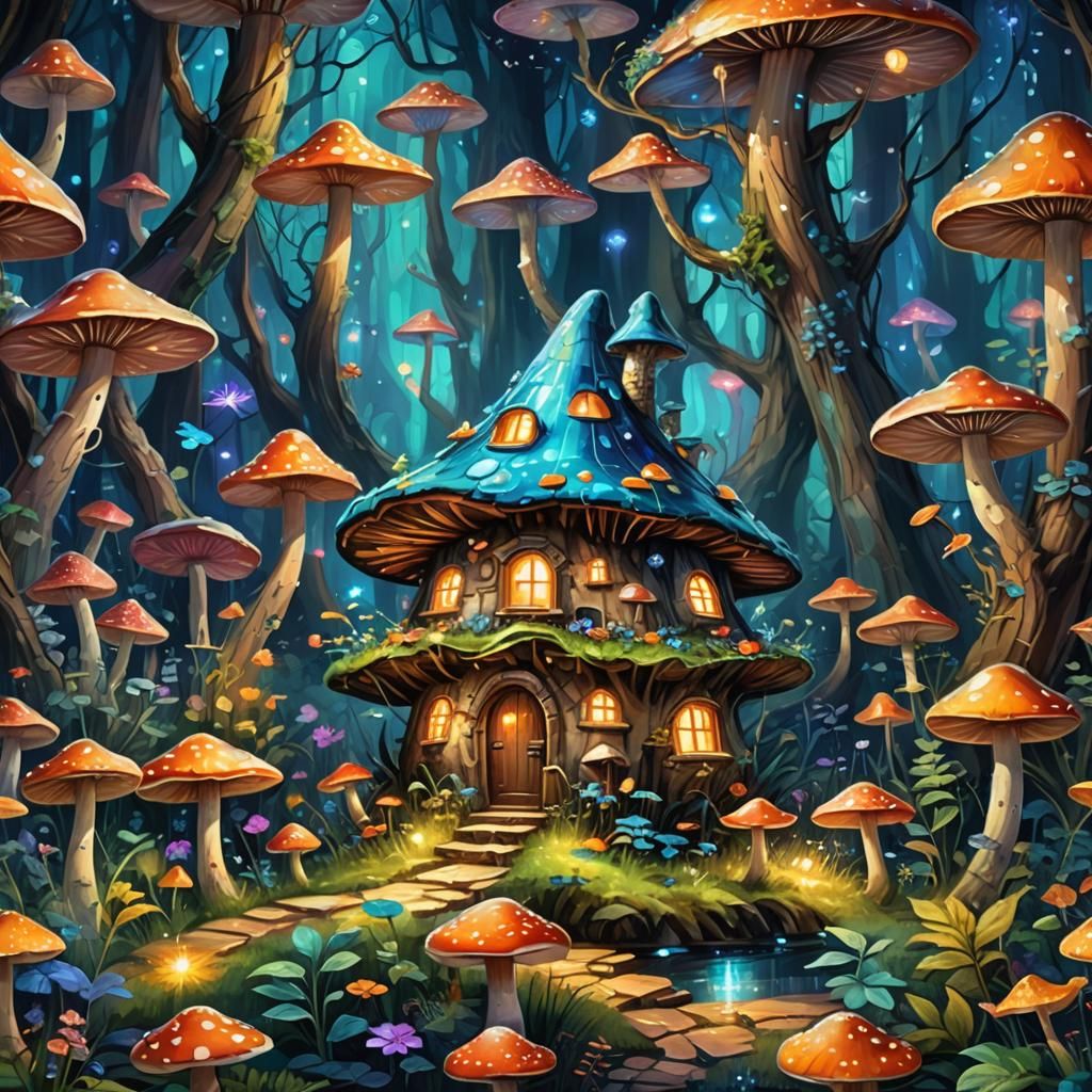 A fairy mushroom house in an enchanted bioluminescent forest in style o ...