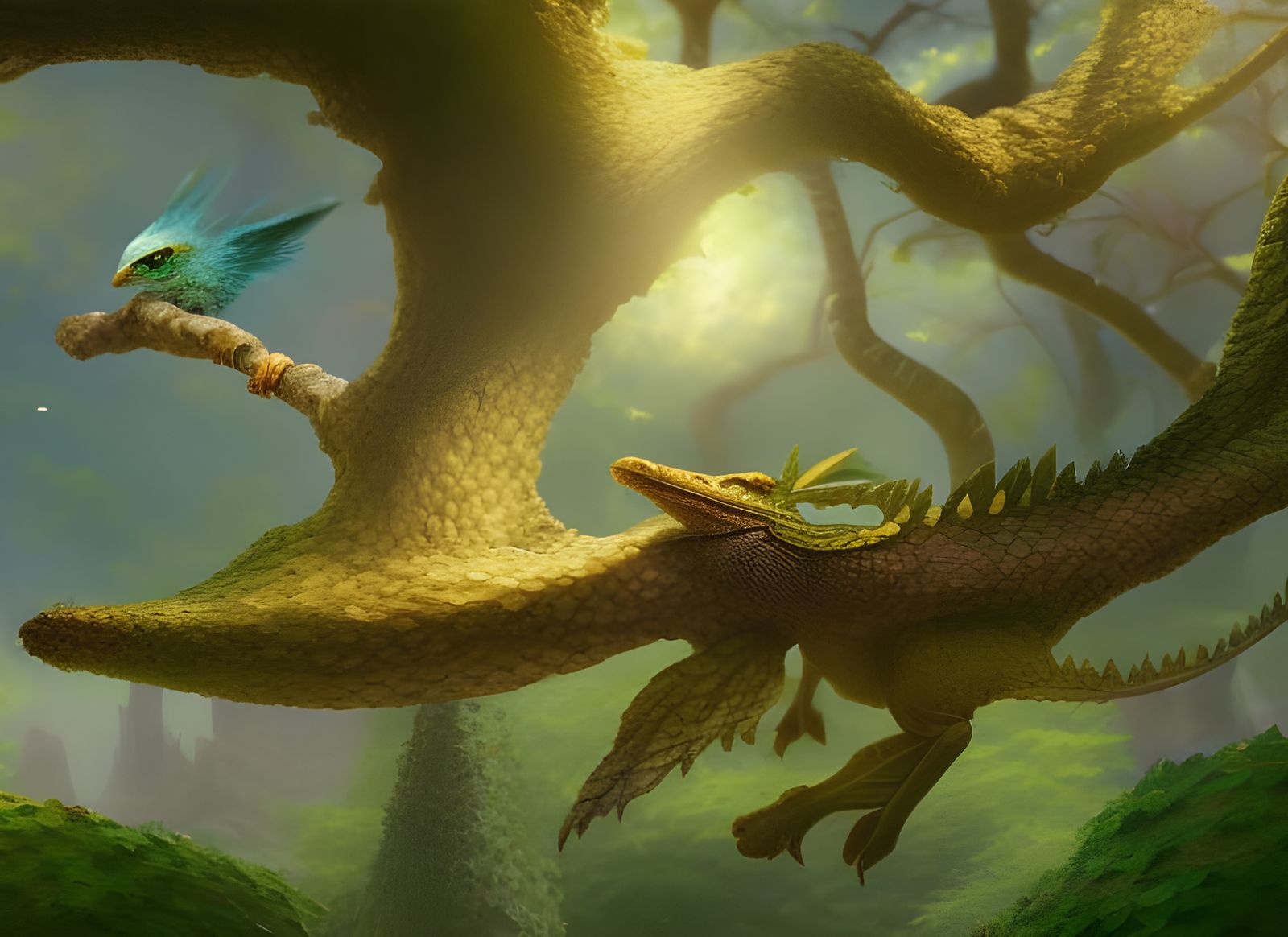 A cute chibi bird surrounded a land made of lizard skin, liz...
