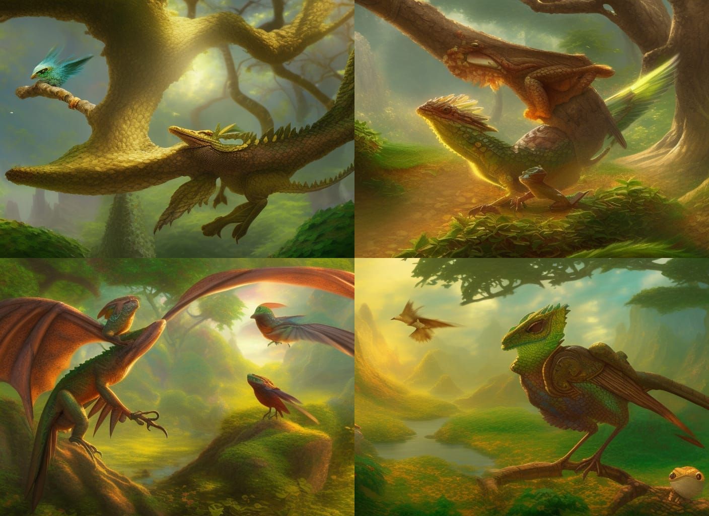 A cute chibi bird surrounded a land made of lizard skin, liz...