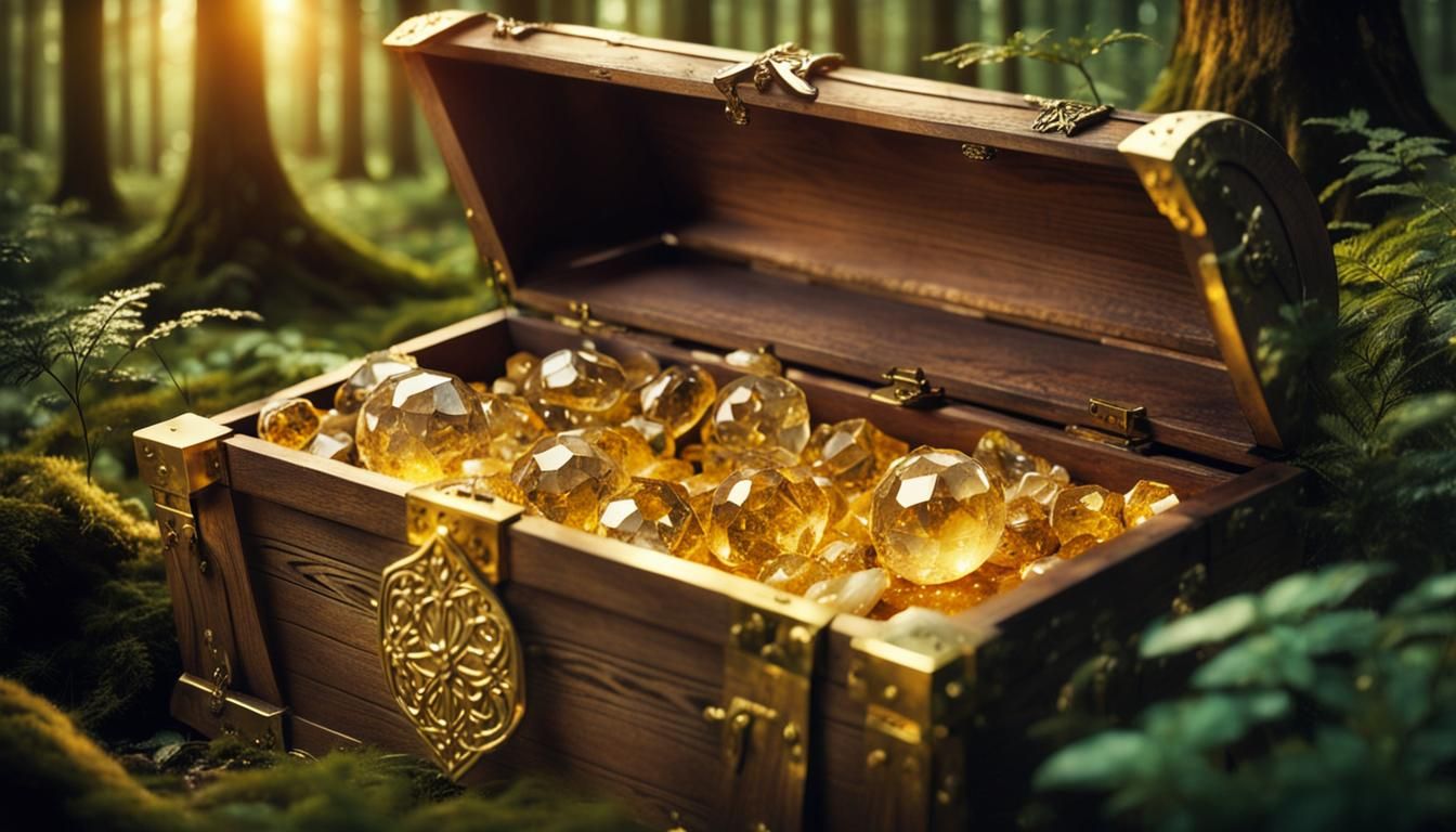 golden shiny cristal lying in the open ancient magic wood ch...