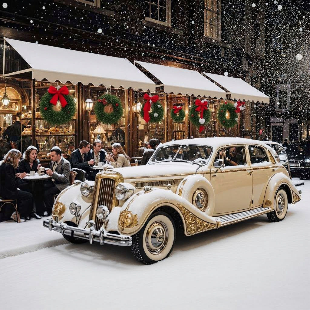 A vintage, dimly lit british cafe scene at Christmas Night