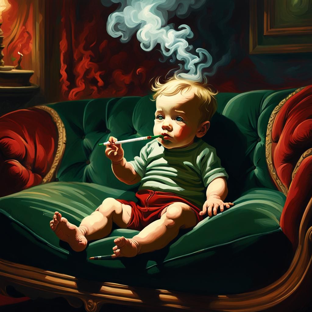 Surreal Baby Smoking: A Fantasy Oil Painting