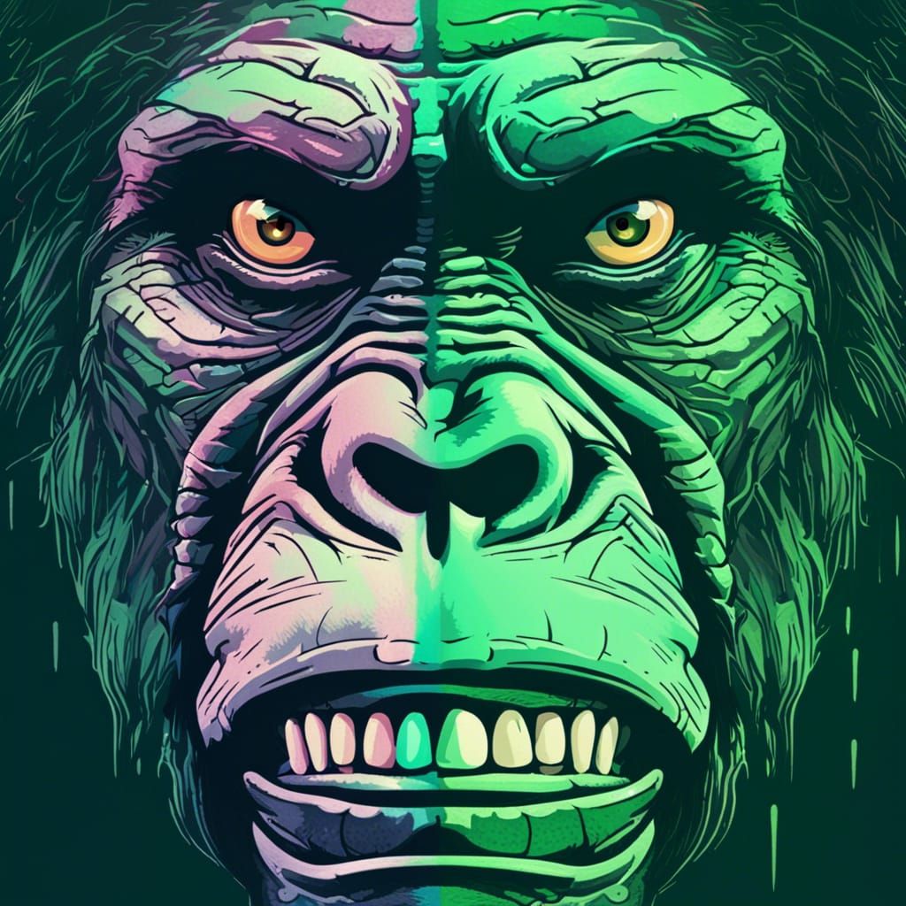 One face, symmetrical, Split image, the face of an ape, Righ...