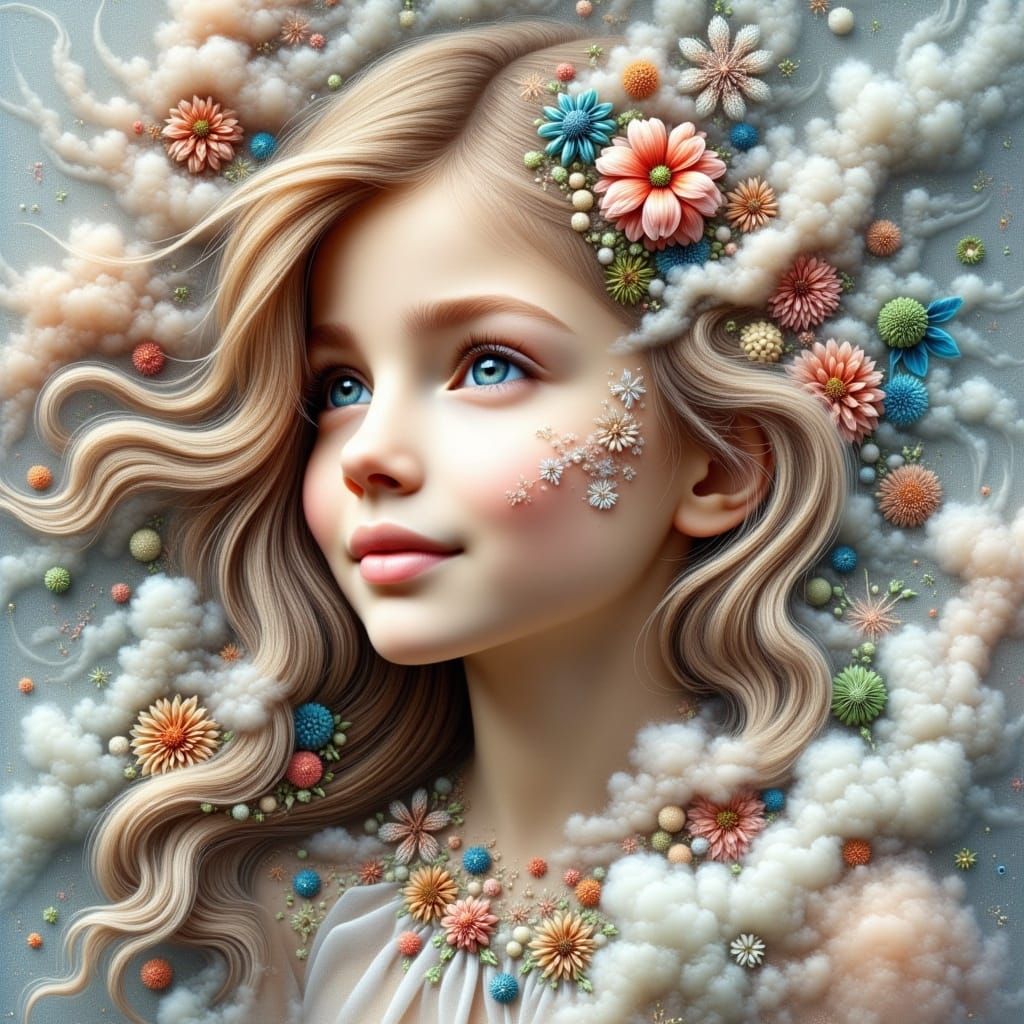 <lora:WonderPortrait:1.0>little girl's face with golden hair with mixed media smoke and flowers. 