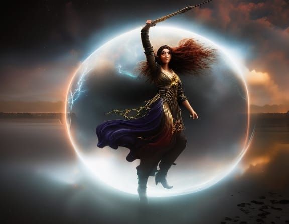 Goddess of the lightning storm, full body portrait of a migh...