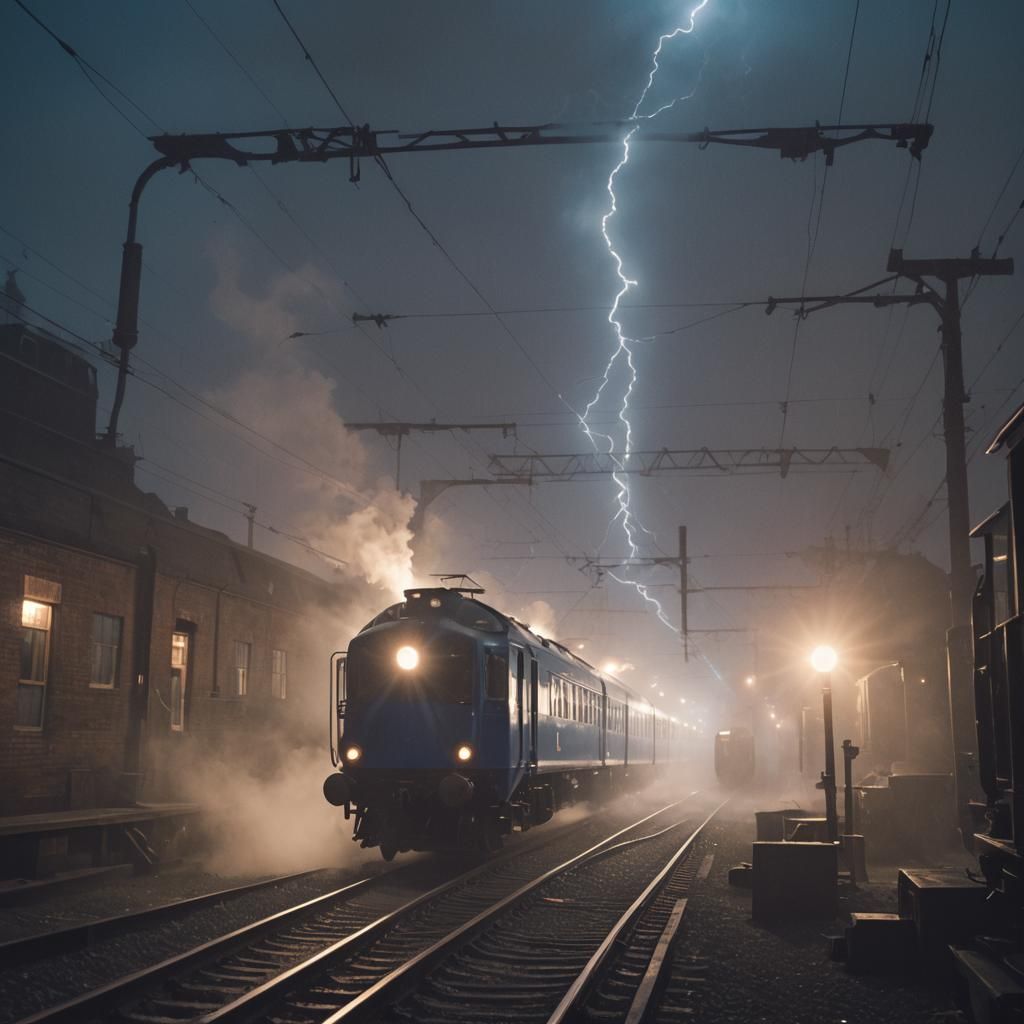 Arc powered train. Old London rail yard. Tesla coils AI Generated