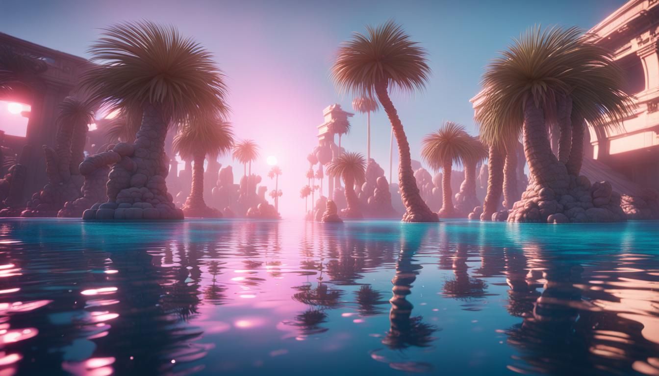 Liminal Space, Vapor Wave, Athena Statues, Palm Trees, Water Bubbles,  Aesthetic, Water, Video Distortion, 3D Game Cinematic Feel, Epic 3D Vi... -  AI Generated Artwork - NightCafe Creator