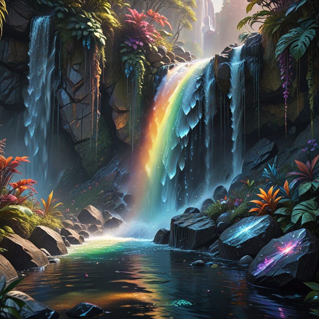 Rainbow Waterfall Fantasy in Hyper-Realistic Digital Art