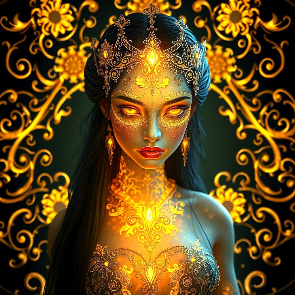 A  beautiful maiden that is bioluminescent and ethereal, with filigree, and a black background filled with golden designs of filigree. The b...