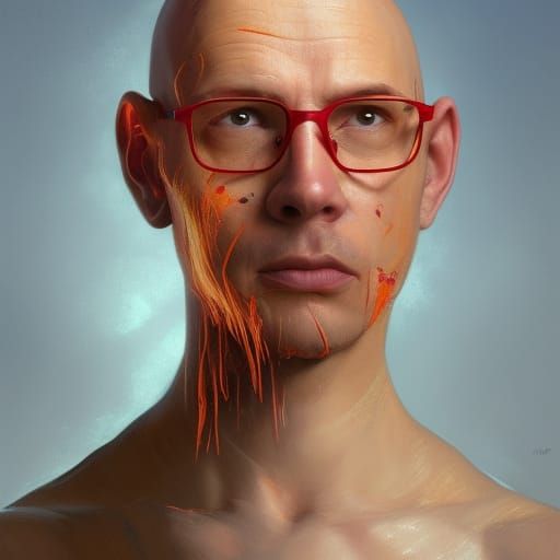 man with no hair and with glasses eating a carrot dressed as...