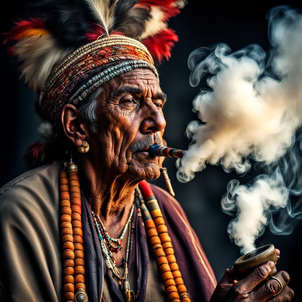 An Indian smokes a peace pipe