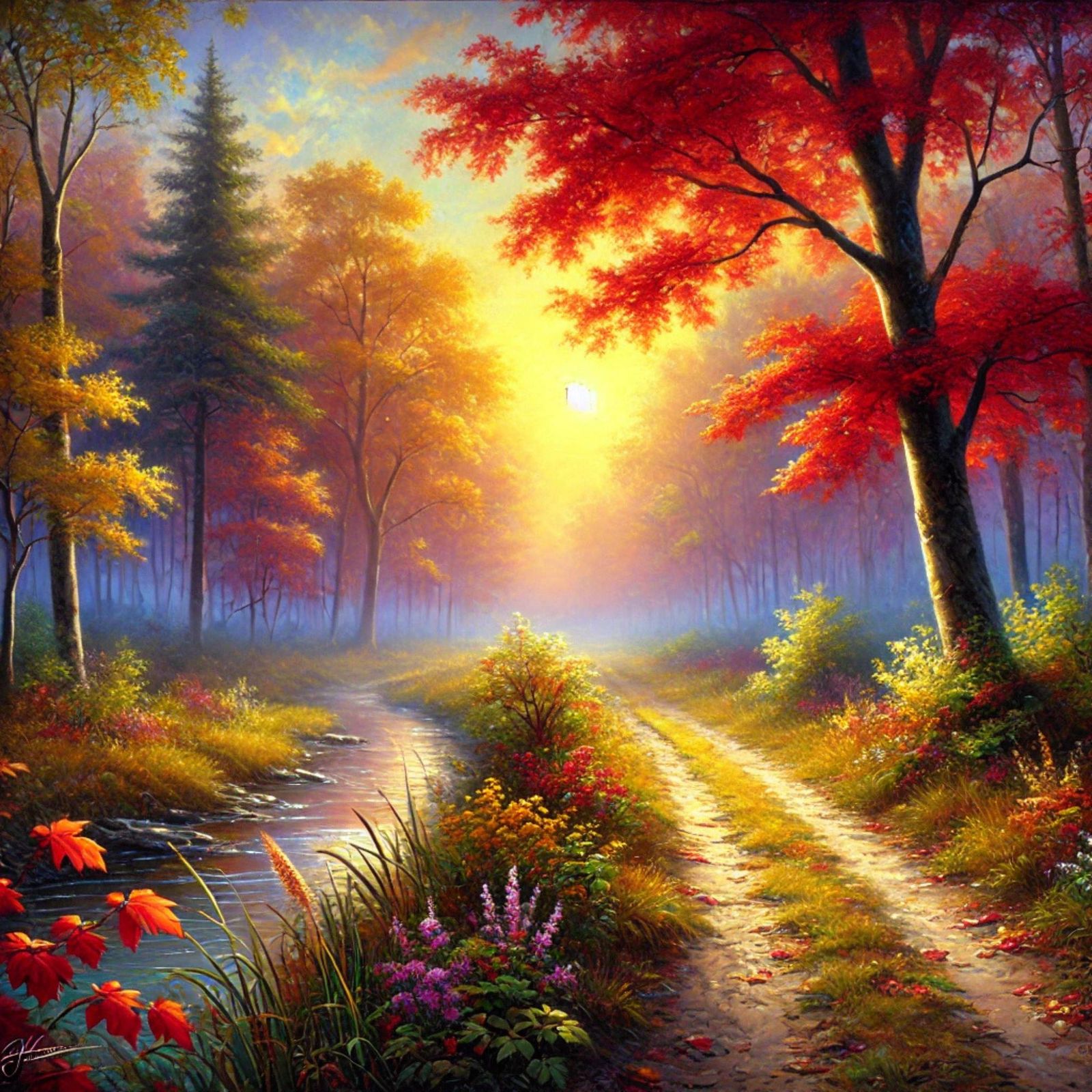 A serene autumn landscape with a winding forest path leading into the distance