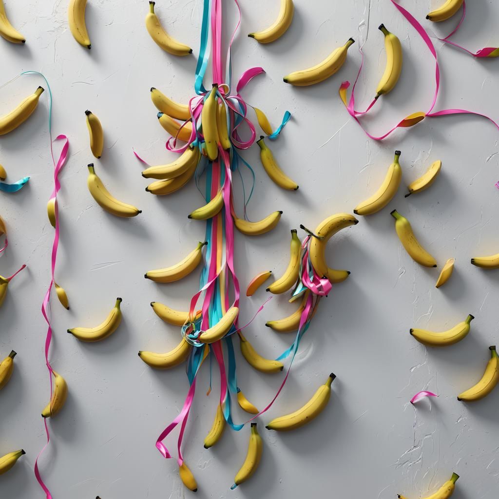 Rainbow banana taped to a white wall with pink nylon string