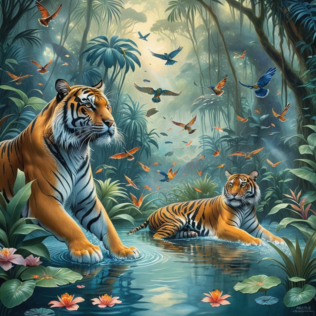 Tigers bathing in a jungle lagoon, tropical birds flying overhead, colored pencil illustration  in the style of Bernard D'Andrea, Jan Brett,...