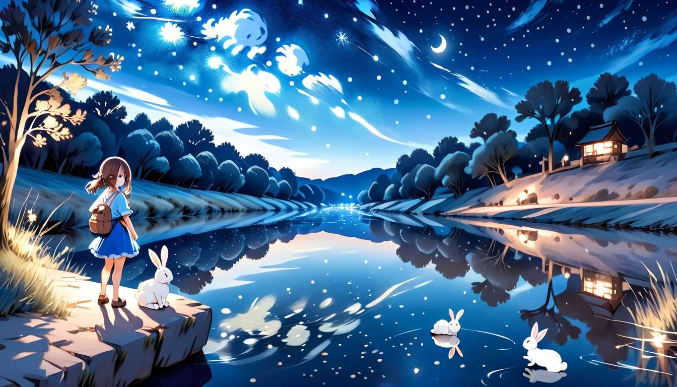 A cute girl and her small rabbit by the river