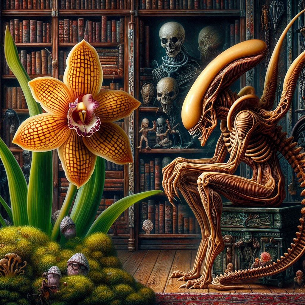 Alien and orchid in library