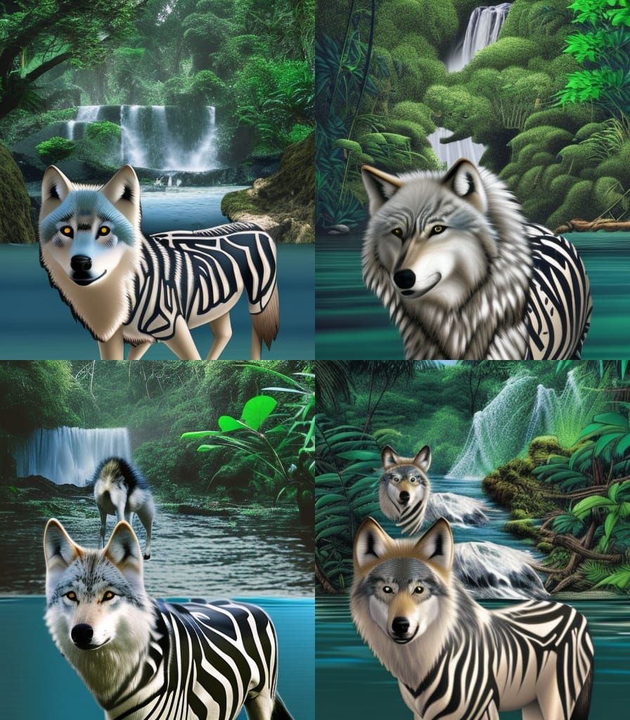 wolf and zebra hybrid swimming in jungle and waterfall
