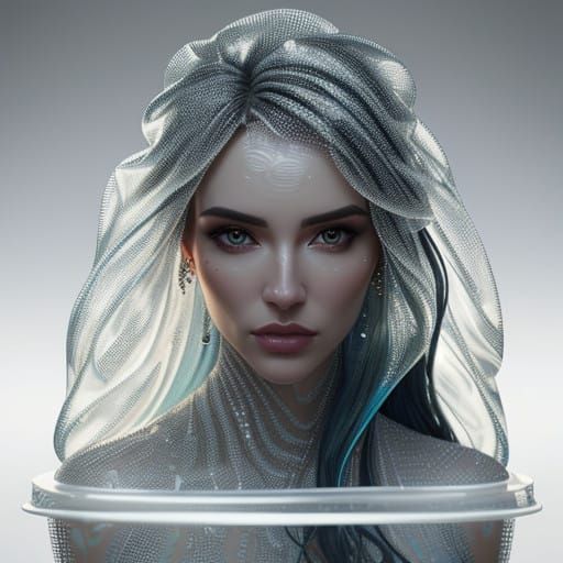 Hyperrealistic portrait of a beautiful woman wearing intricately detailed transparente bubble wrap plastic. Hyperrealistic, splash art, conc...