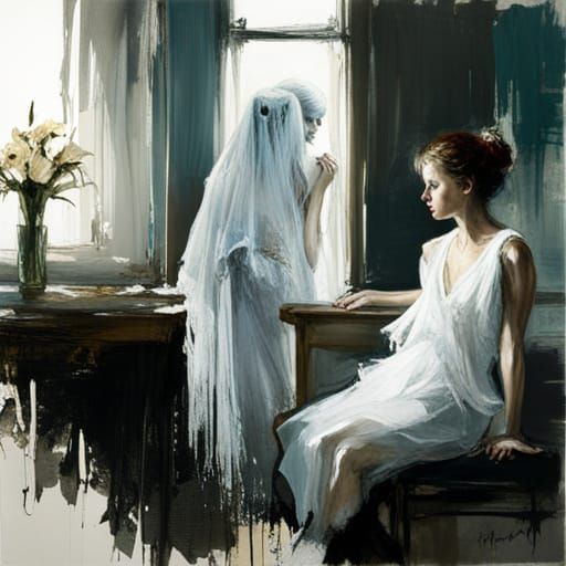  ghosts seen through a window", insanely detailed matte painting with rough paint ...  by @PJs AiArt