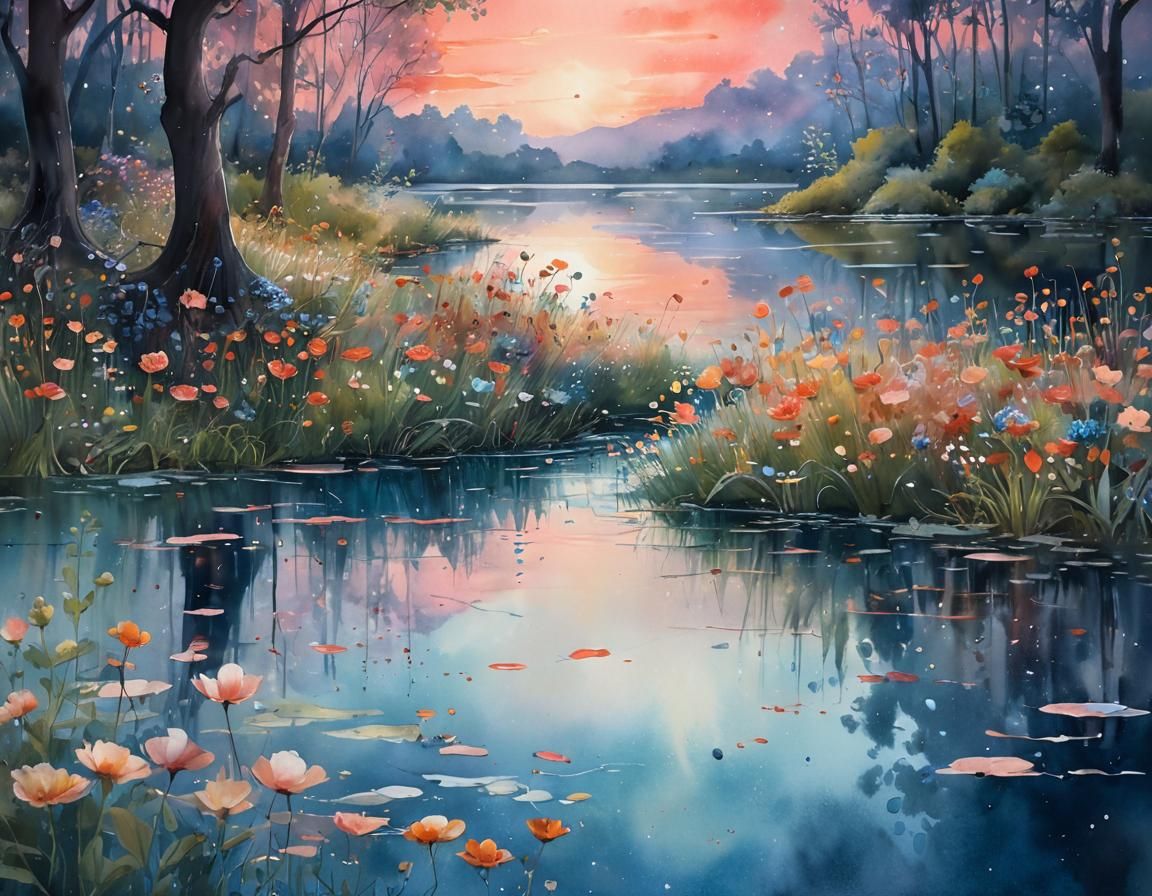 Made of Rainbows, vibrant hues, lake glade at nighttime, shimmering waters, dreamy, beautiful, shadows, flowers, moonlight, fading reddish s...