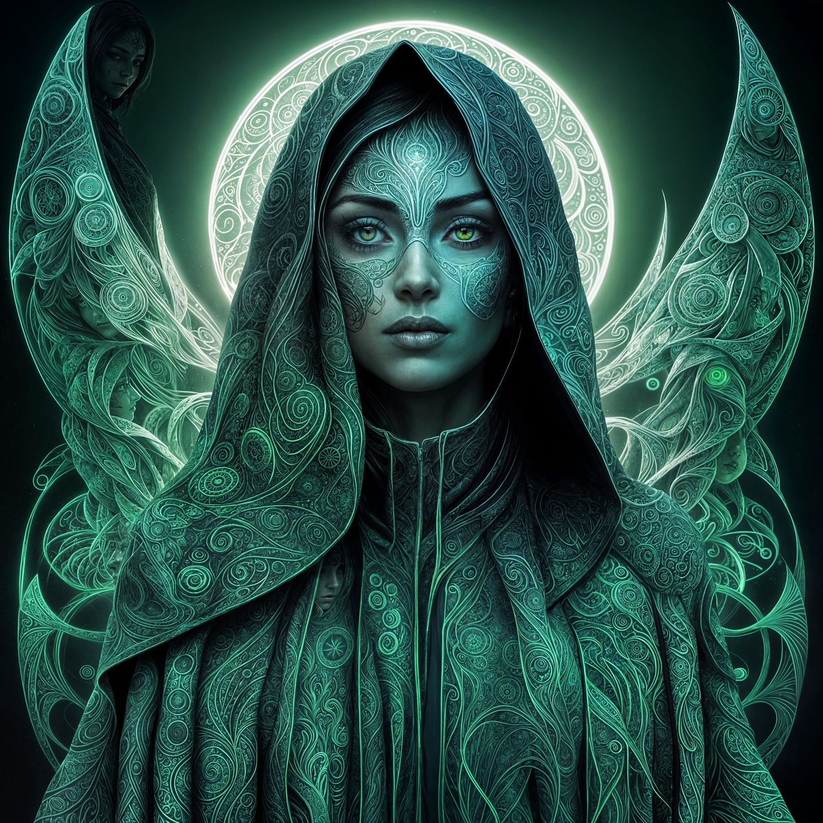 A girl with glowing eyes and tattoos on her face wearing a c...