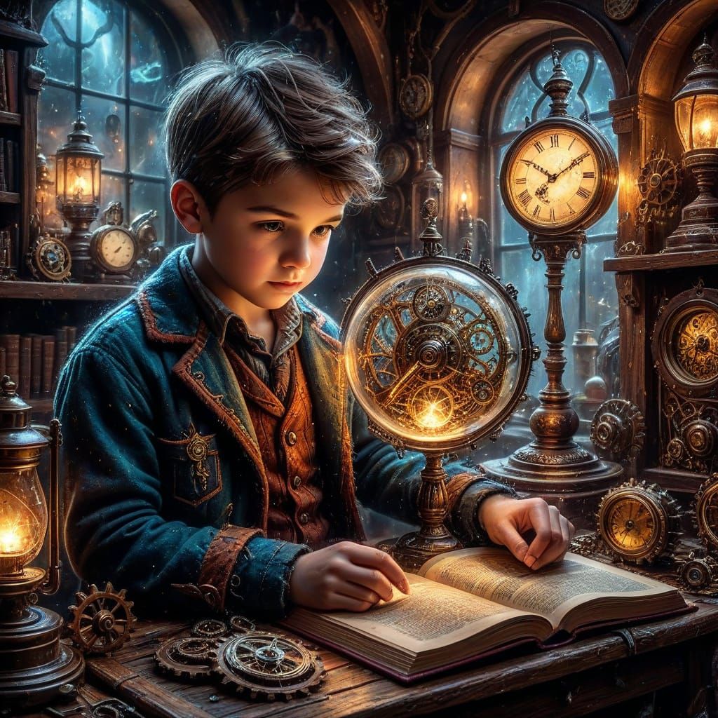 Boy Reading Amongst Clockwork Wonders 🕰️📚